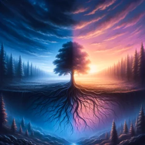 what is shadow work - a tree with roots showing how you need to embrace all aspects of yourself to become whole.