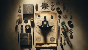 The image incorporates elements of meditation, creativity, astrology, and journaling, set against a backdrop that suggests introspection and the exploration of the shadow self.