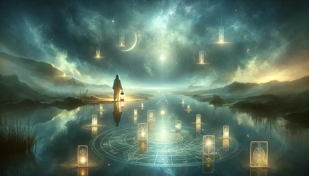 A person navigating the dark depths of their soul using the tarot cards as their lantern. the cards are spread out across the water lighting up the way.